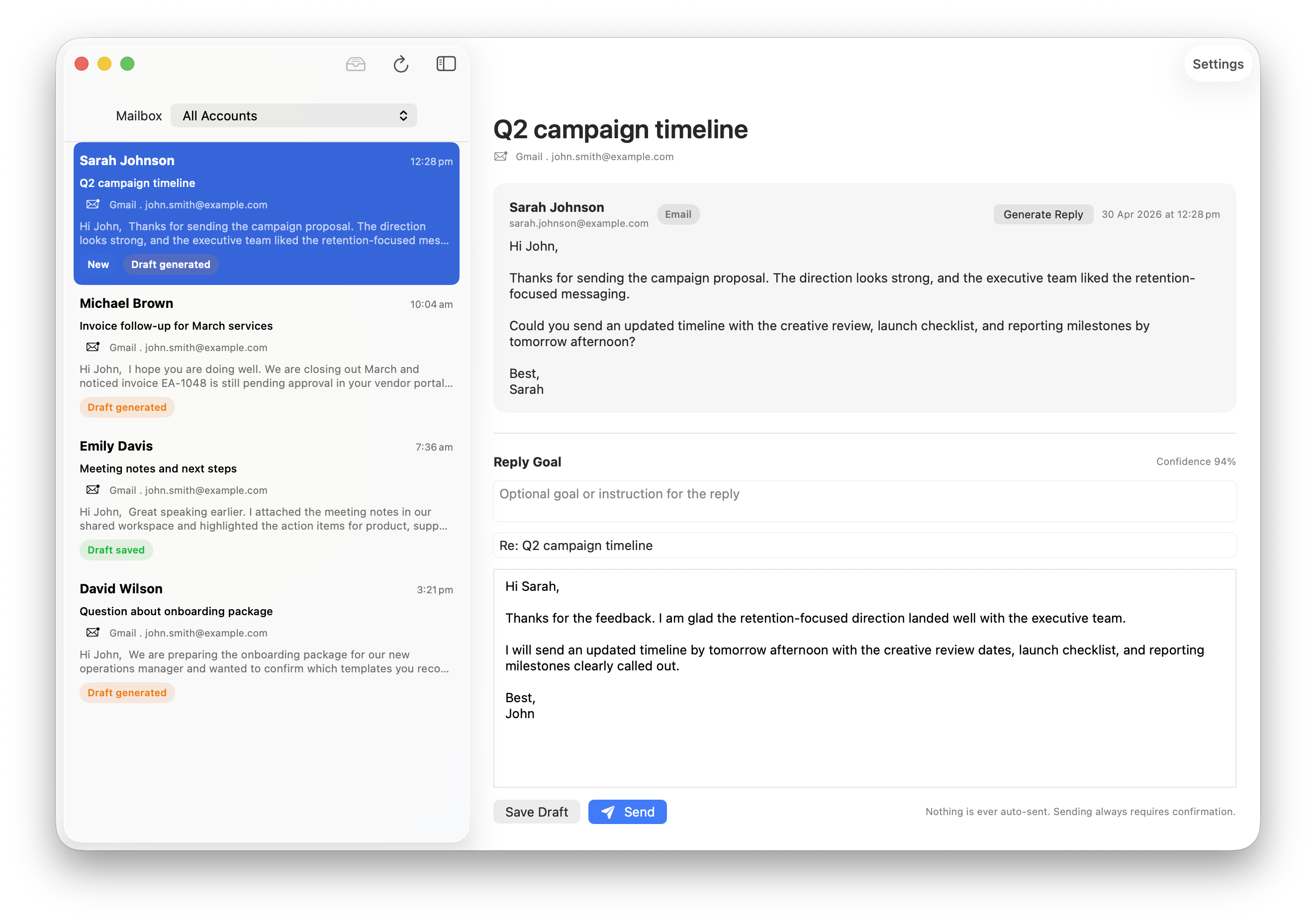 Safata i editor d'esborranys amb IA d'Email Assistant a macOS