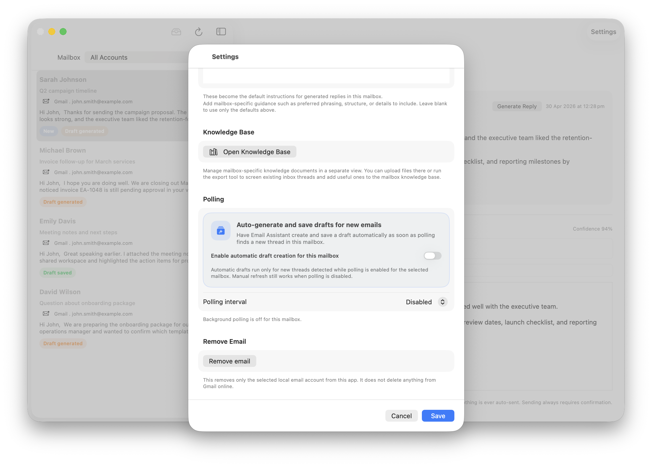 Configuració de bústies a macOS per a la base de coneixement i el sondeig a Email Assistant