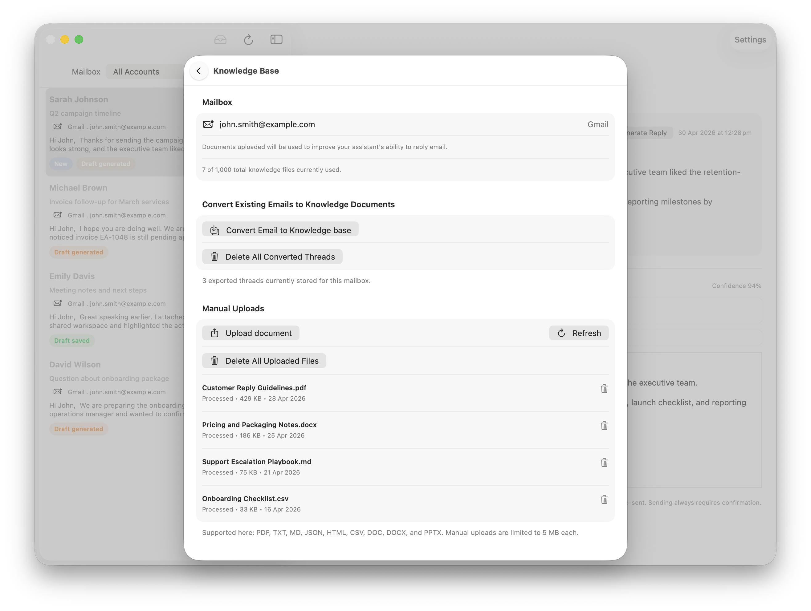 Gestió de documents de la base de coneixement d'Email Assistant a macOS